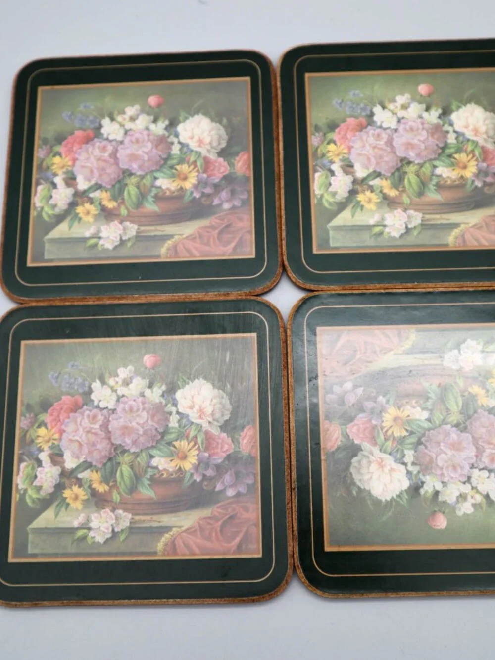 6 Vintage Pimpernel Cork Backed Celluloid Coasters Romantic Rose Botanical